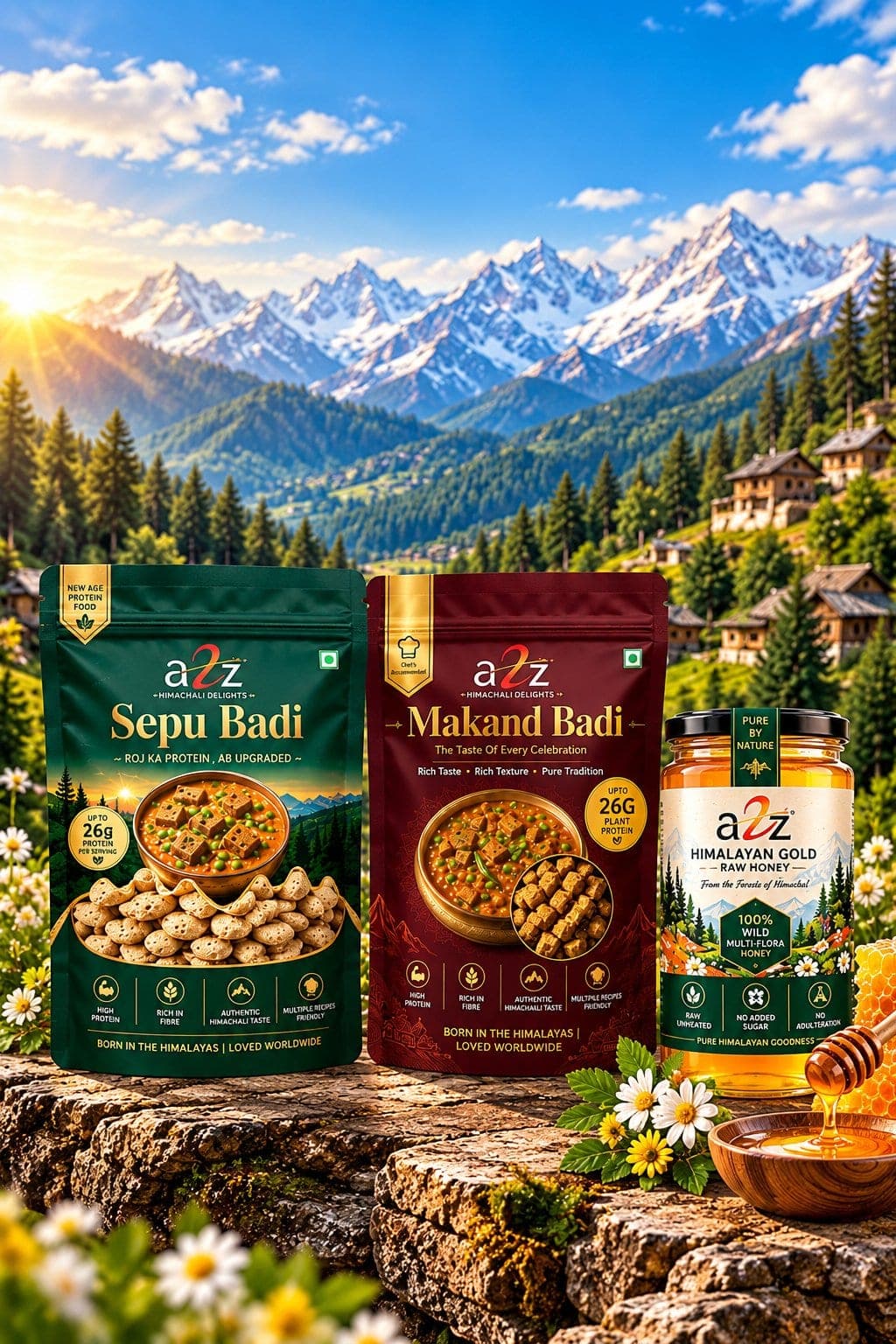 Sepu Badi, Makand Badi and Himalayan Gold Raw Honey on a stone wall above a Himachali valley